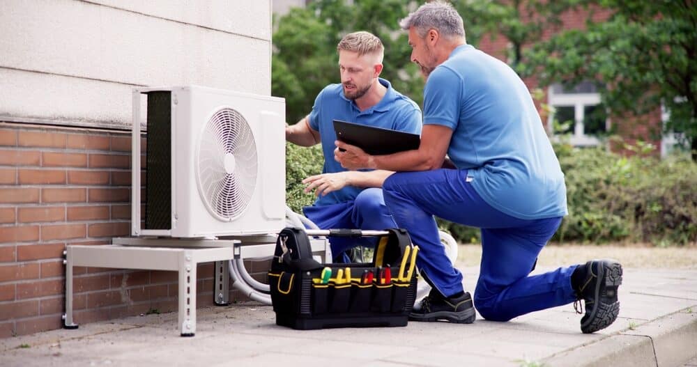 HVAC technicians working on a faulty unit in New Jersey